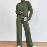 Cozy Ribbed Knit Turtleneck Set with Wide-Leg Pants