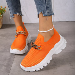 Platform Slip on Sneakers - Casual Knit with Chain Accent