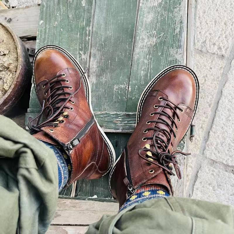 Rugged Leather Lace-Up Ankle Boots with Contrast Sole